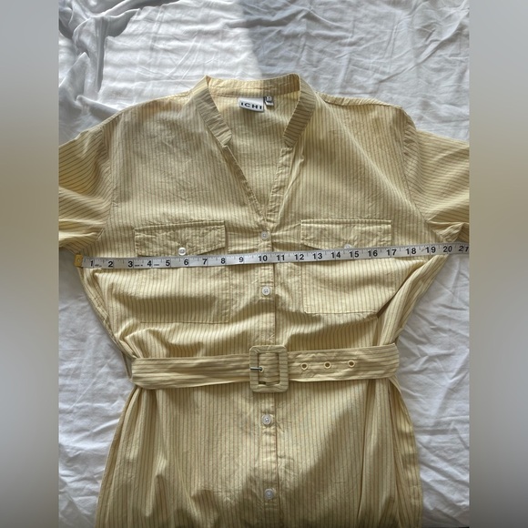 ICHI Yellow Striped Belted Shirt Dress Button Down Midi Short Sleeve Pockets - Picture 10 of 14